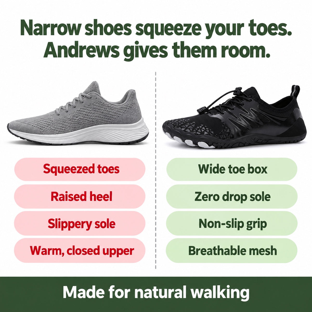 Andrews – Unisex Barefoot Shoes, compared with an ordinary shoe