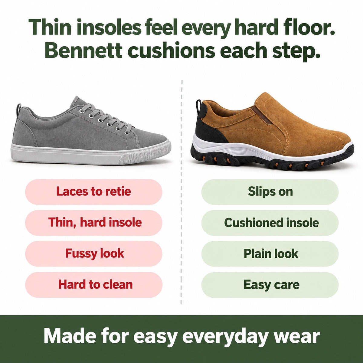 Bennett – Unisex Slip-On Sneakers, compared with an ordinary shoe