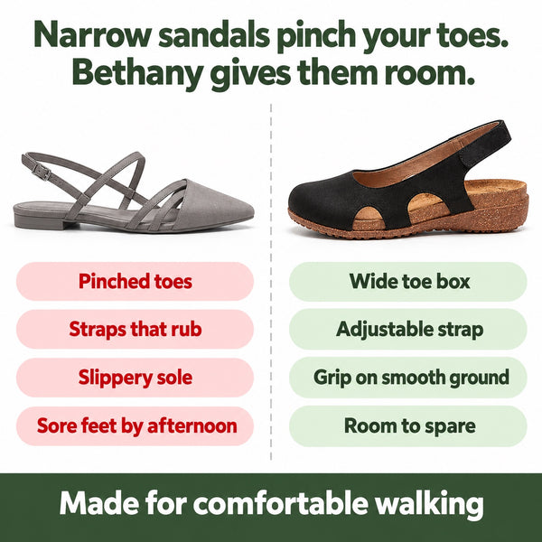 Bethany – Women's Wide Toe Box Sandals, compared with an ordinary shoe