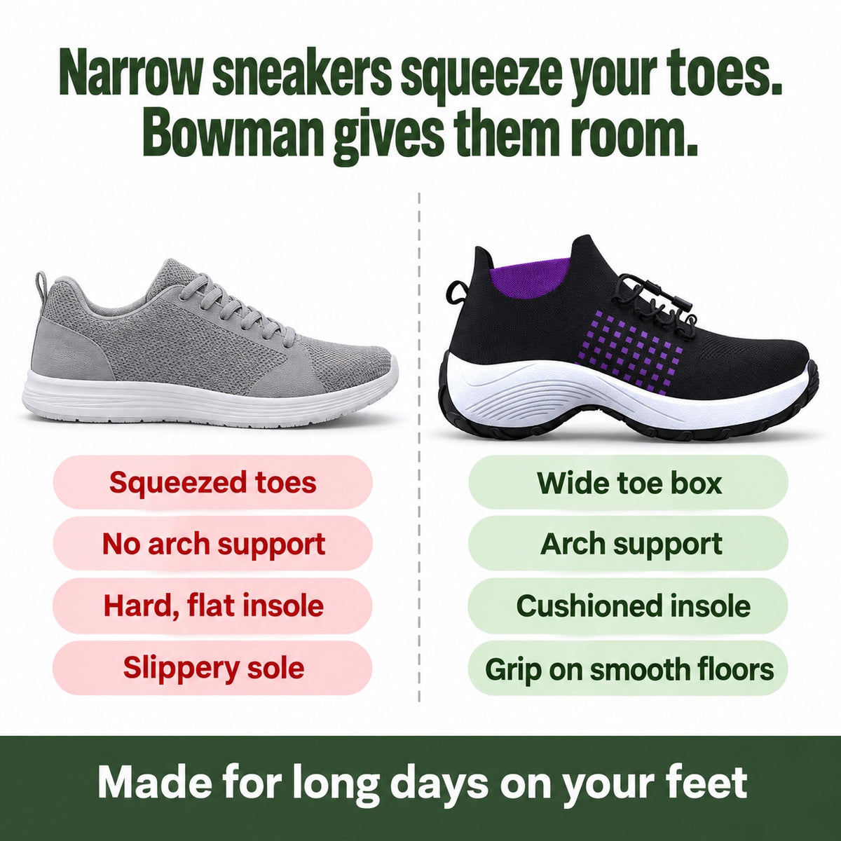Bowman – Unisex Plantar Fasciitis Shoes, compared with an ordinary shoe