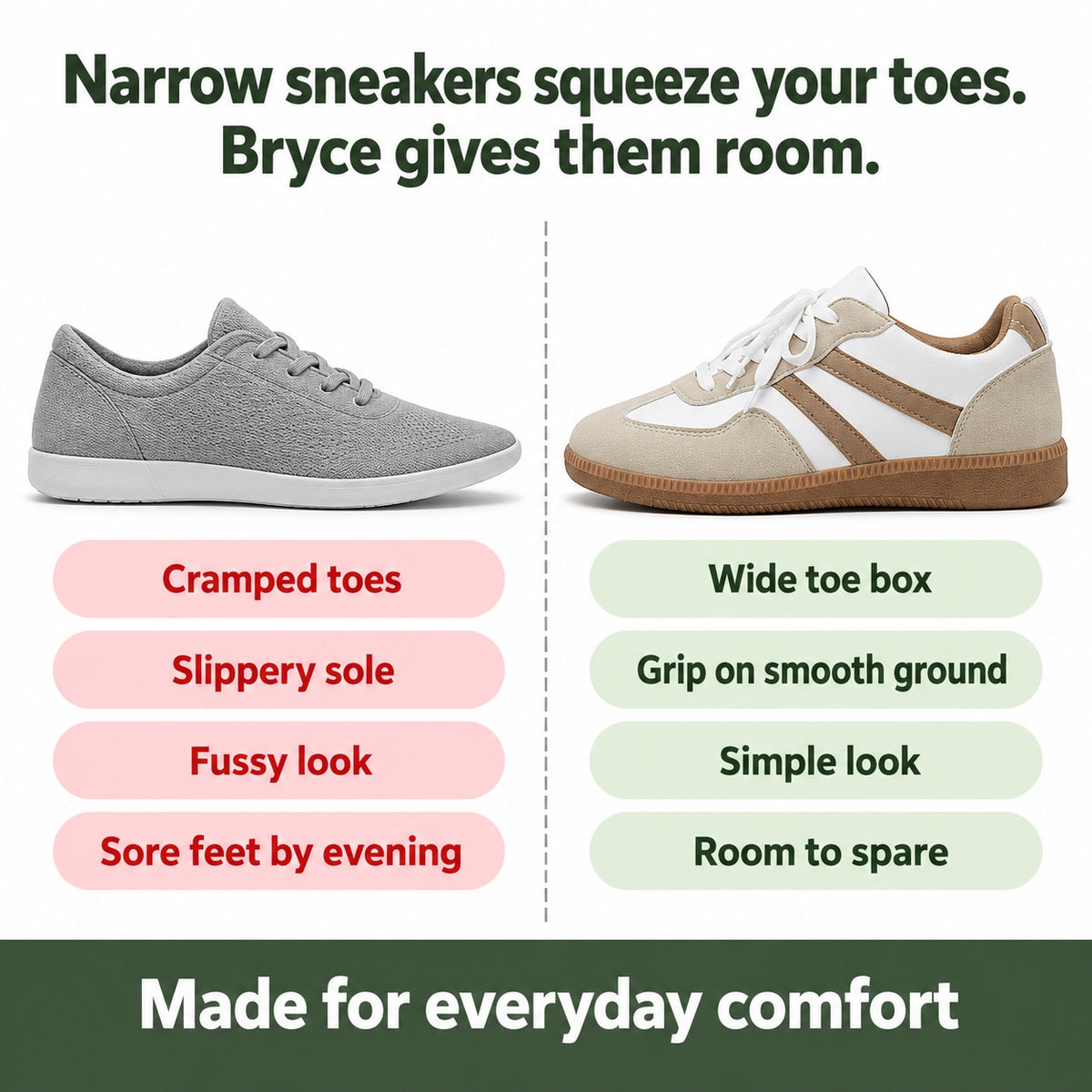 Bryce – Unisex Wide Toe Box Sneakers, compared with an ordinary shoe