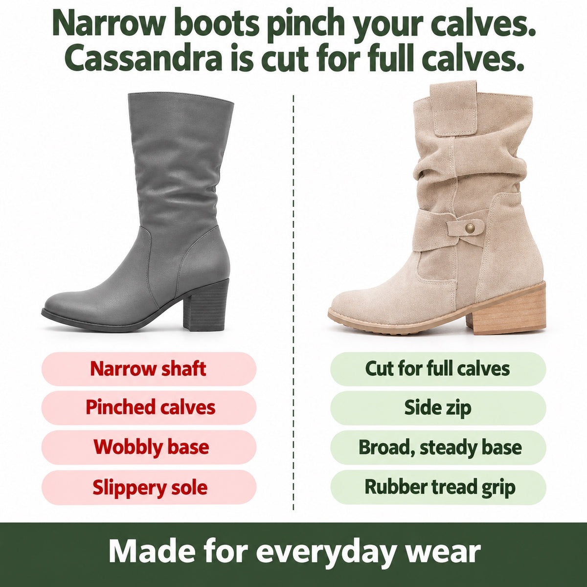 Cassandra – Women's Wide Calf Boots, compared with an ordinary shoe