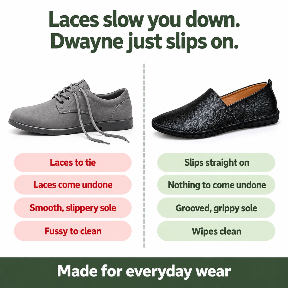 Dwayne – Men's Slip-On Shoes, compared with an ordinary shoe