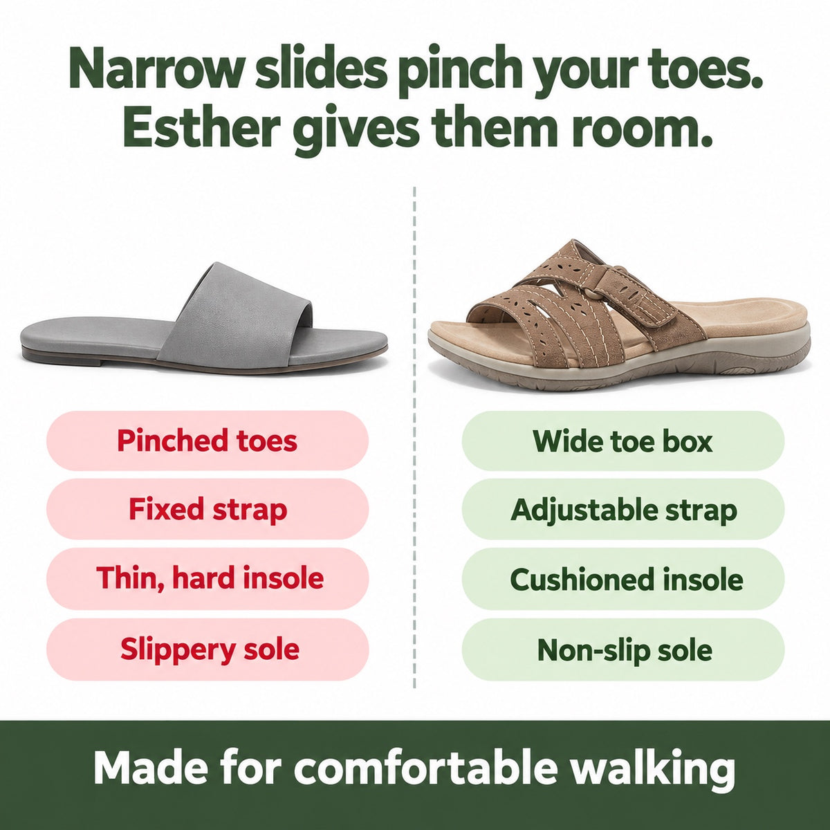 Esther – Women's Wide Toe Box Sandals, compared with an ordinary shoe