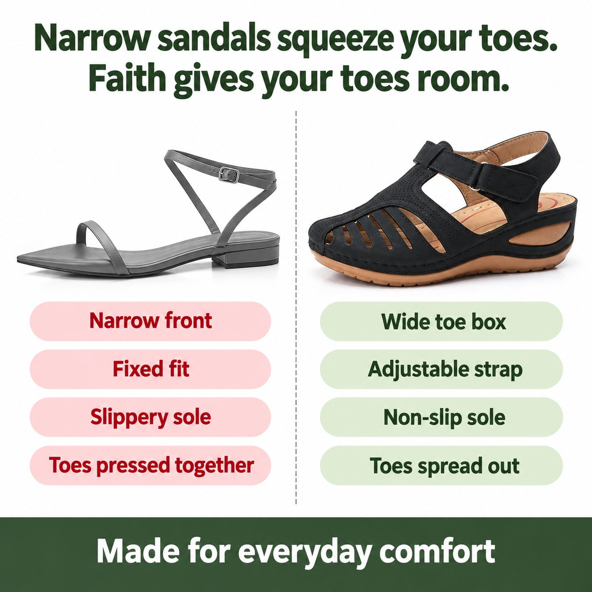 Faith – Women's Wide Toe Box Sandals, compared with an ordinary shoe