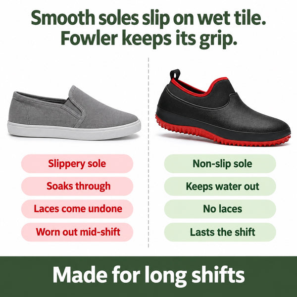 Fowler – Unisex Nursing Shoes, compared with an ordinary shoe