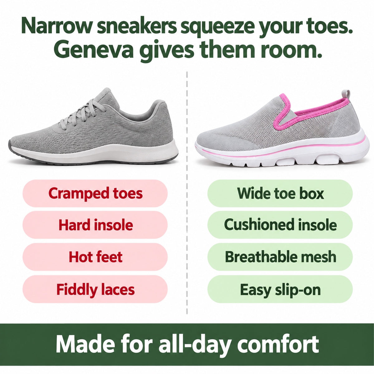 Geneva – Women's Wide Toe Box Sneakers, compared with an ordinary shoe