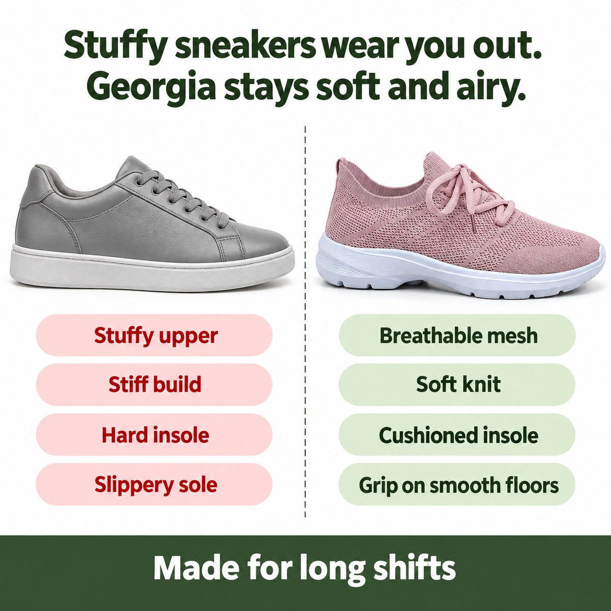 Georgia – Women's Nursing Sneakers, compared with an ordinary shoe