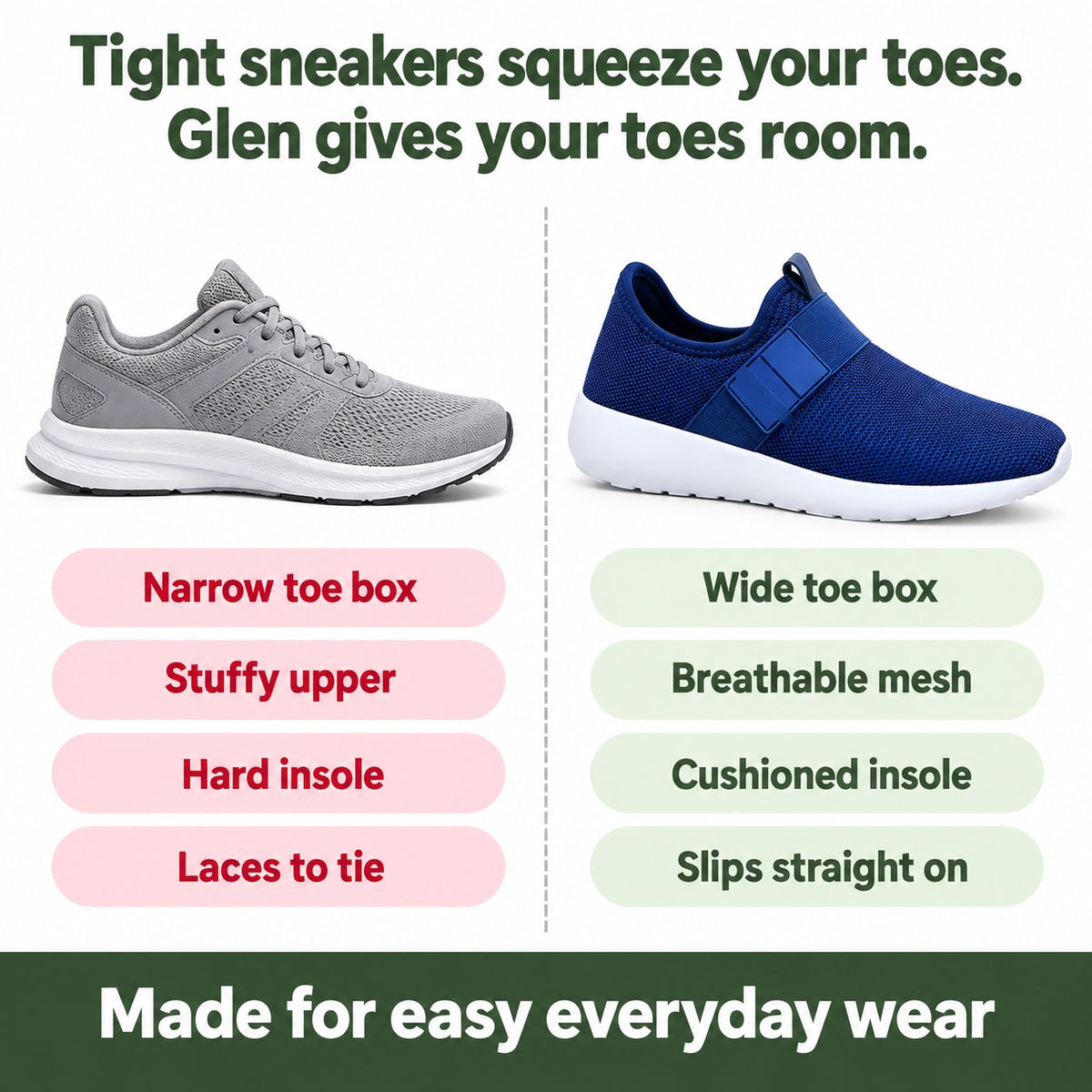 Glen – Men's Wide Toe Box Sneakers, compared with an ordinary shoe