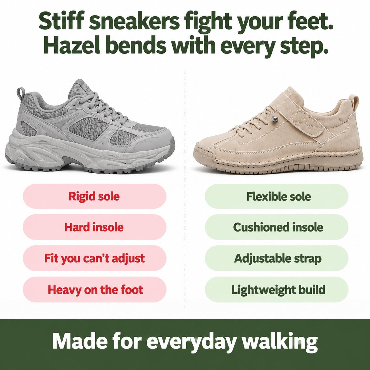 Hazel – Women's Comfort Sneakers, compared with an ordinary shoe