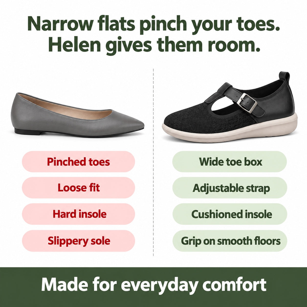 Helen – Women's Wide Toe Box Flats, compared with an ordinary shoe