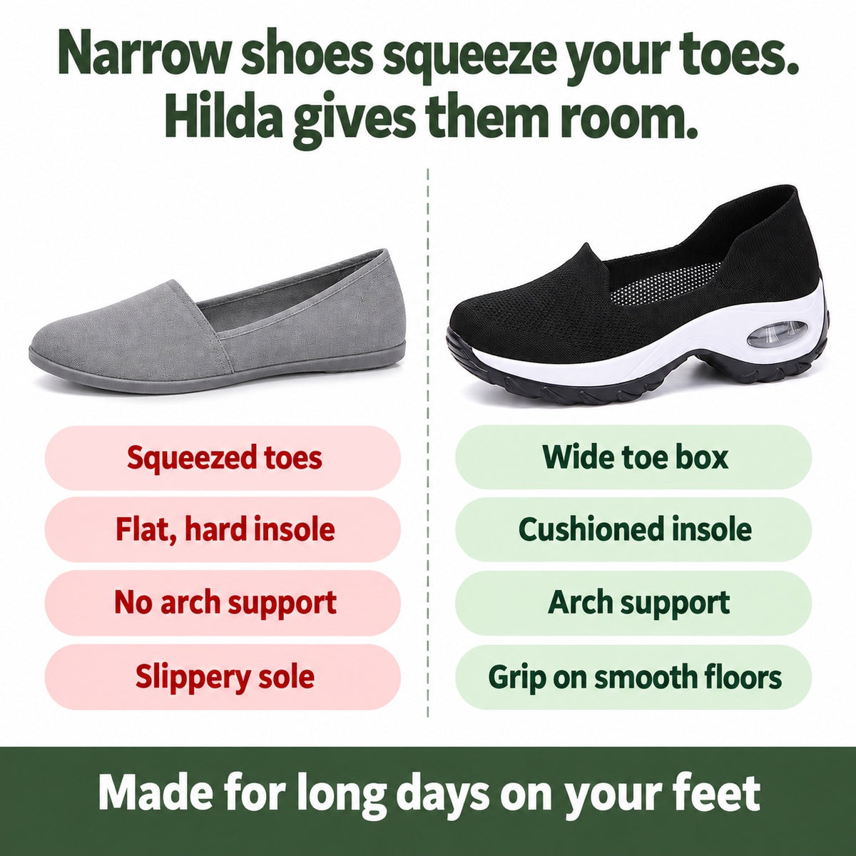 Hilda – Women's Plantar Fasciitis Shoes, compared with an ordinary shoe