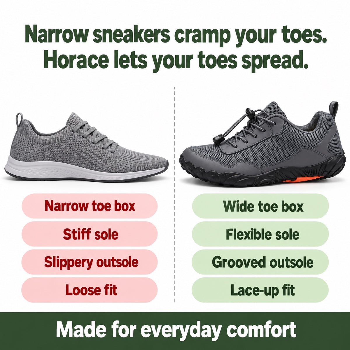 Horace – Men's Wide Toe Box Sneakers, compared with an ordinary shoe
