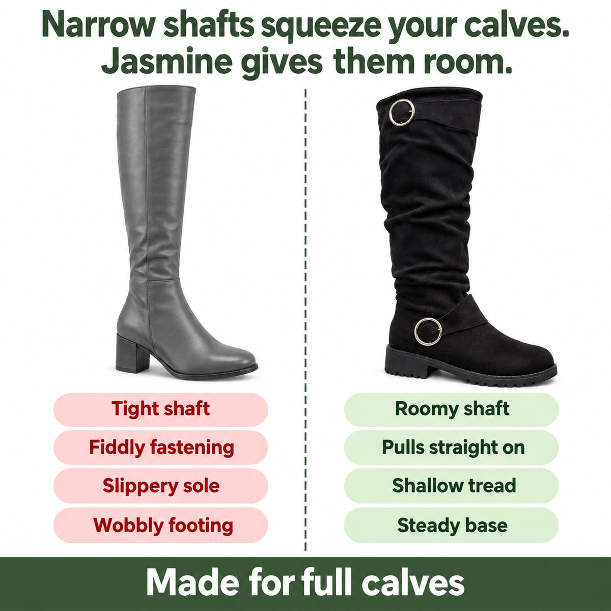 Jasmine – Women's Wide Calf Boots, compared with an ordinary shoe