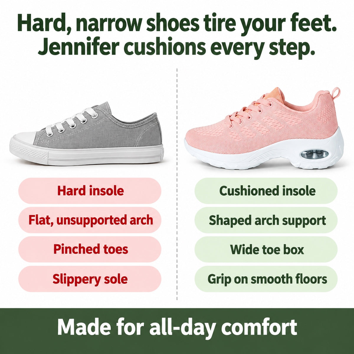 Jennifer – Women's Comfort Shoes, compared with an ordinary shoe