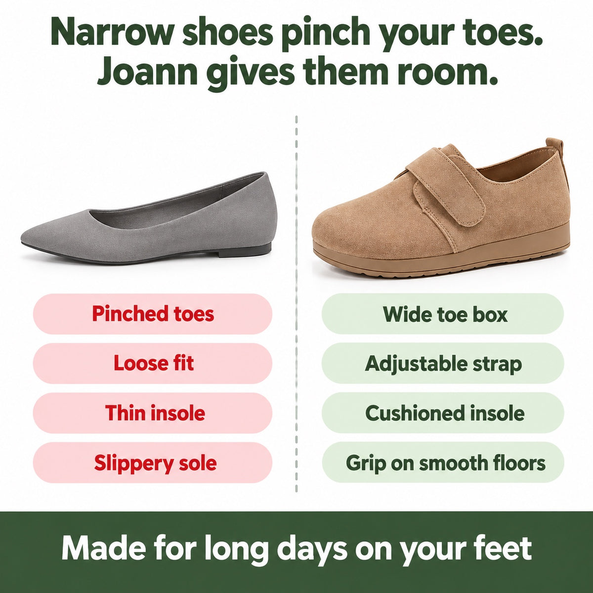 Joann – Women's Nursing Shoes, compared with an ordinary shoe