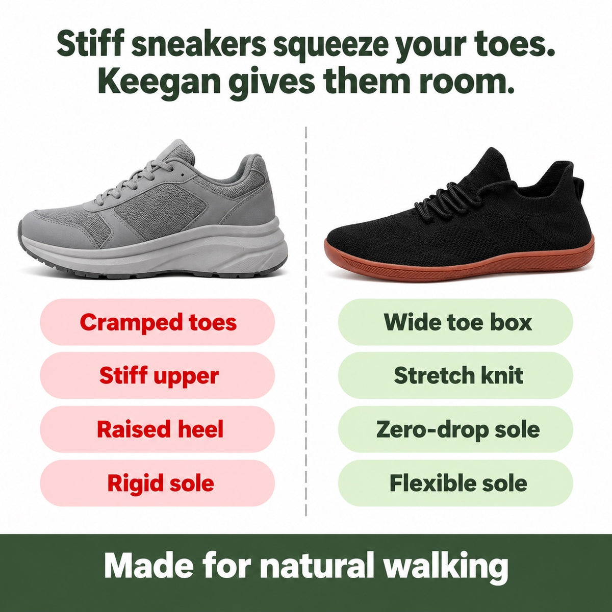 Keegan – Unisex Barefoot Sneakers, compared with an ordinary shoe