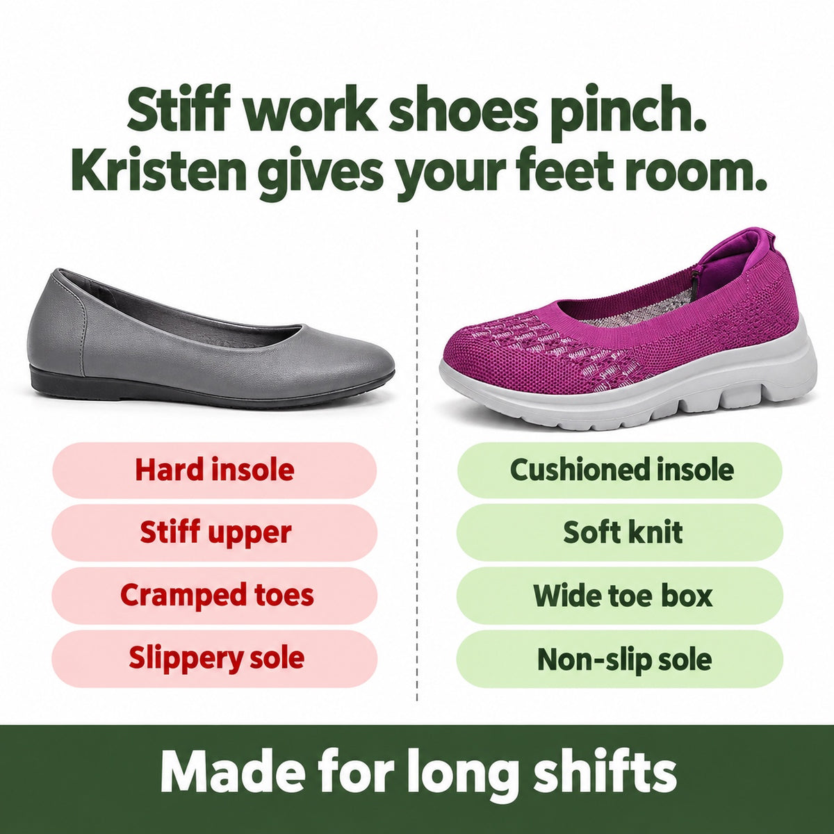 Kristen – Women's Nursing Shoes, compared with an ordinary shoe