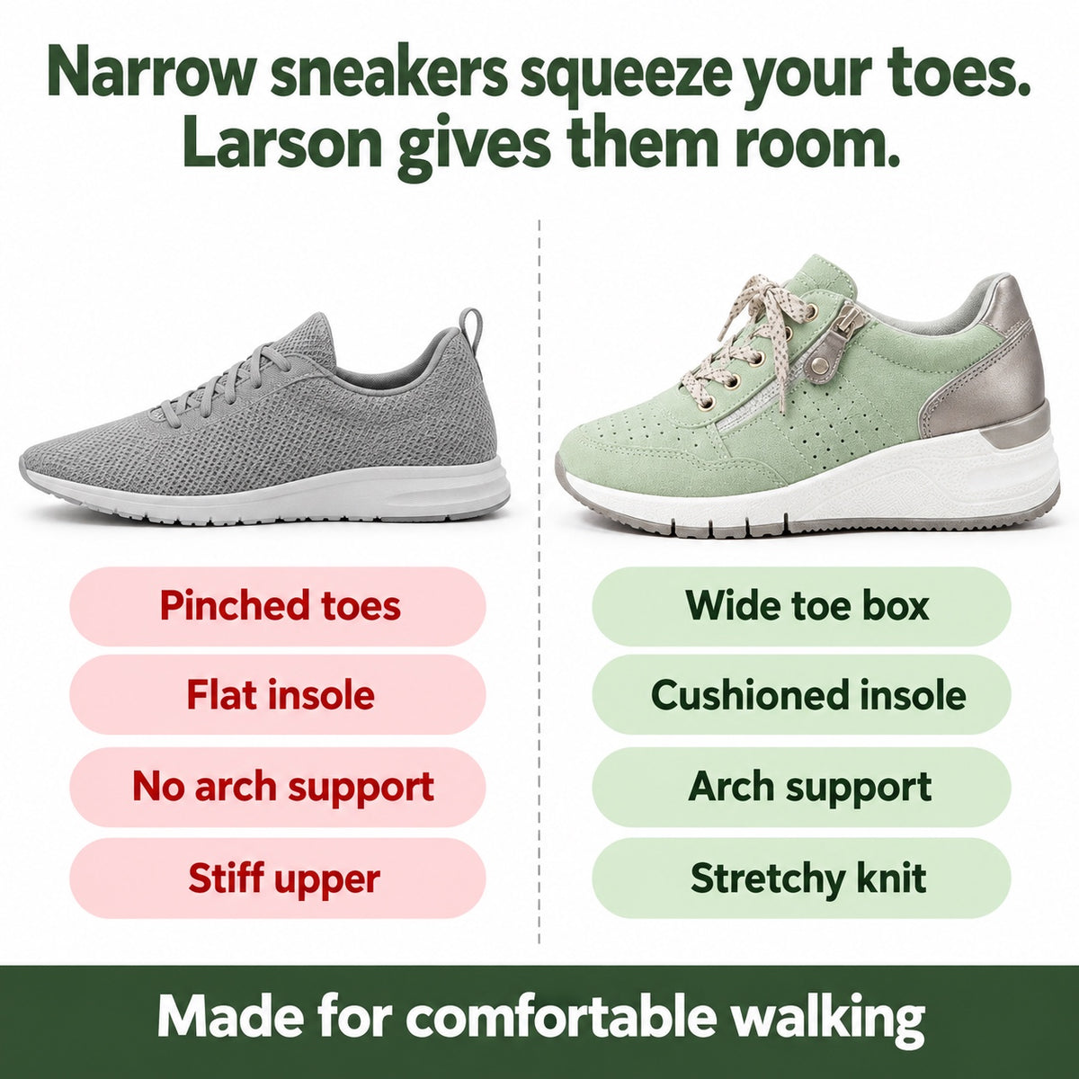 Larson – Unisex Orthopedic Sneakers, compared with an ordinary shoe