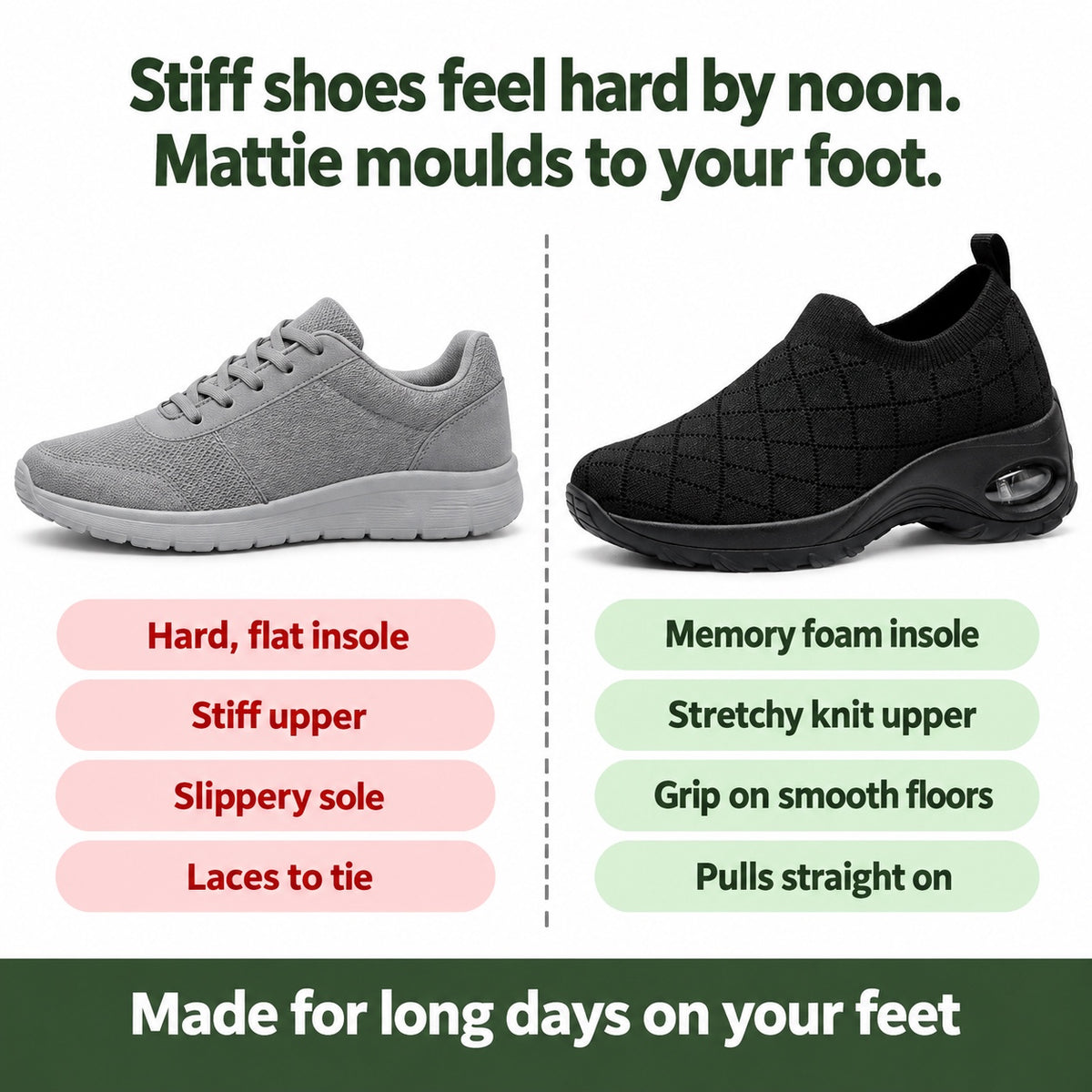Mattie – Women's Nursing Shoes, compared with an ordinary shoe