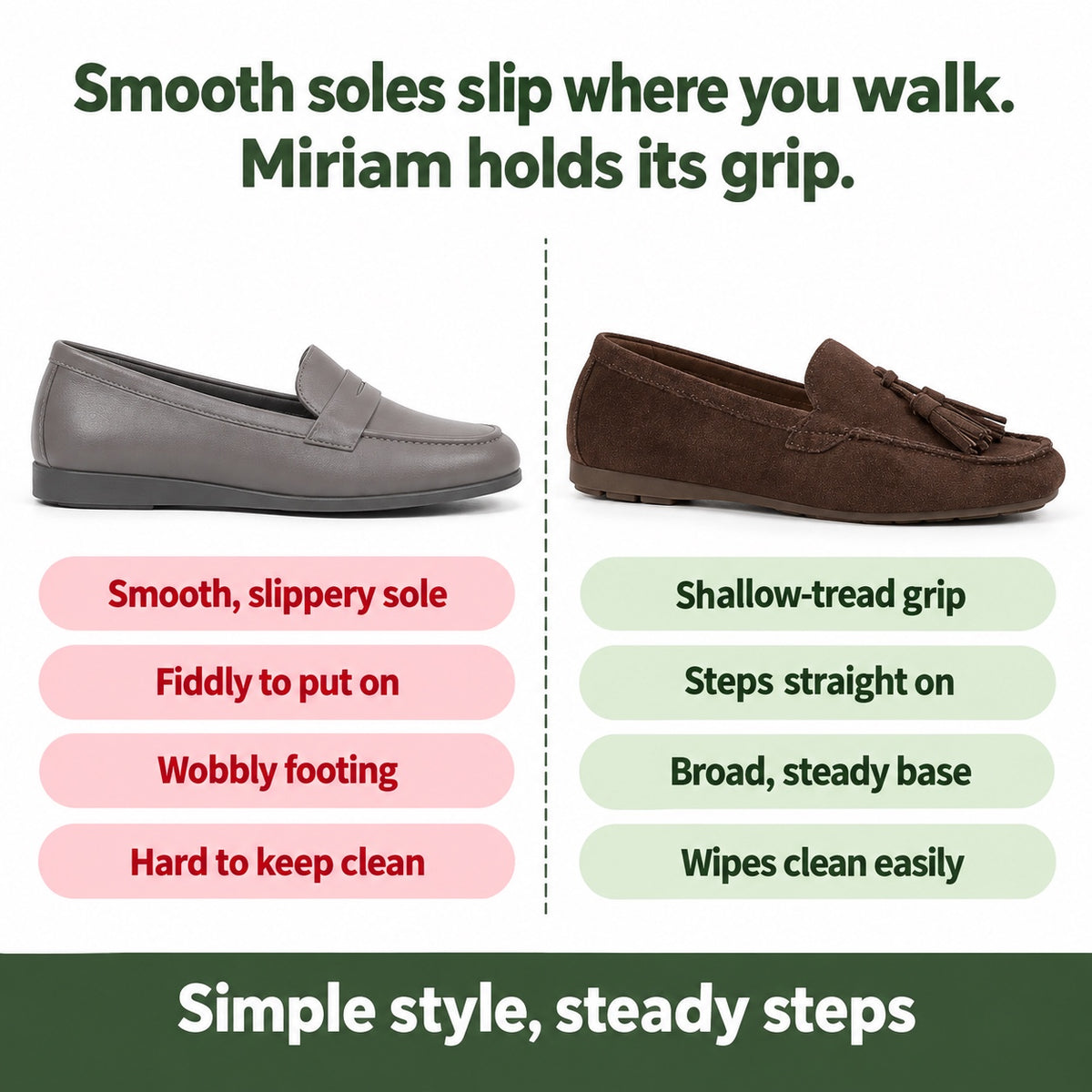 Miriam – Women's Slip-On Shoes, compared with an ordinary shoe