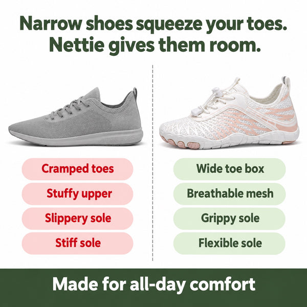 Nettie – Women's Wide Toe Box Shoes, compared with an ordinary shoe