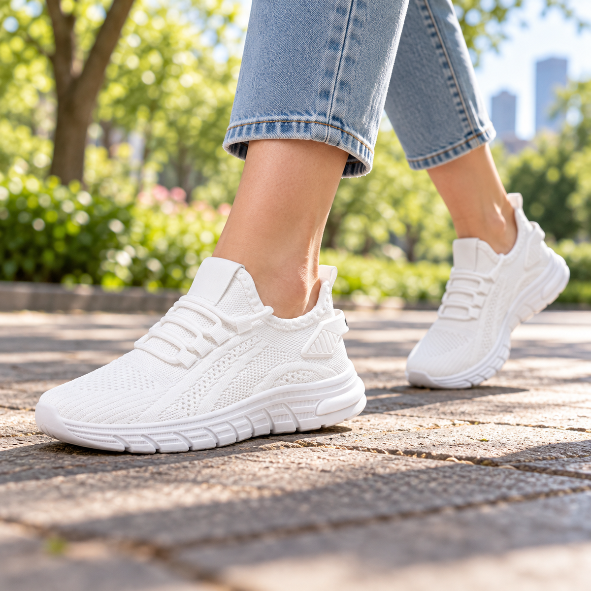 Odette – Women's Knit Walking Sneakers, worn on a walk