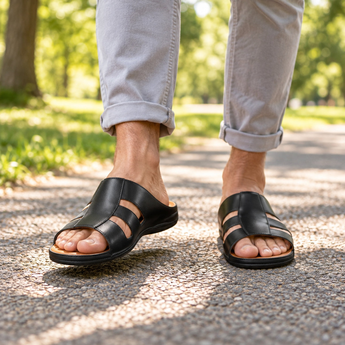 Pete – Men's Comfort Slippers, worn on a walk