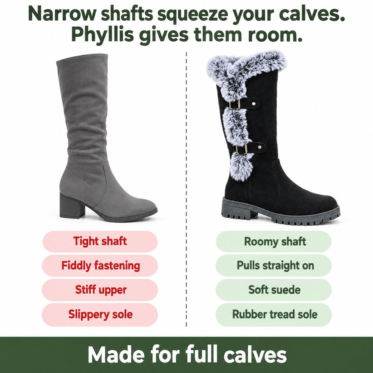 Phyllis – Women's Wide Calf Boots, compared with an ordinary shoe