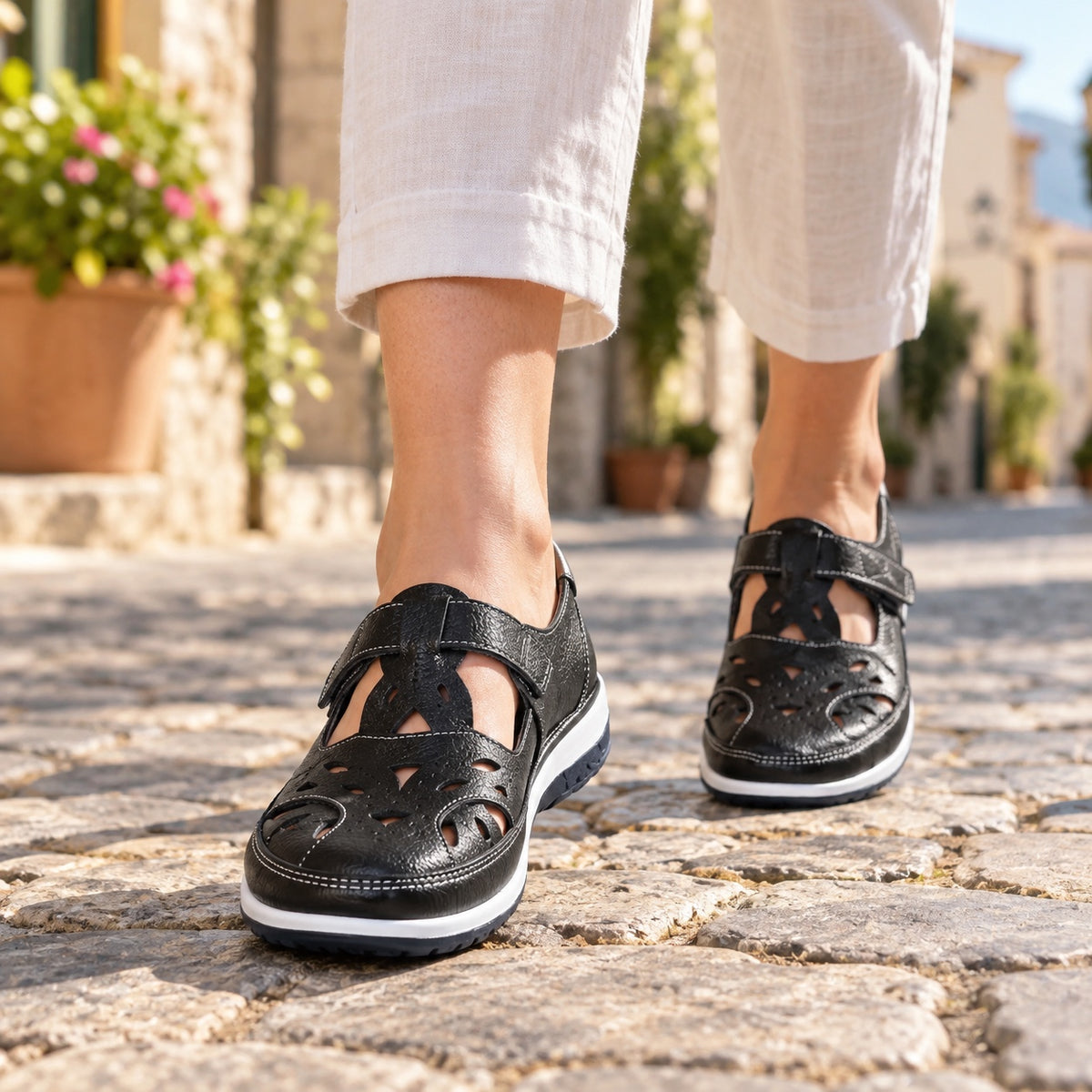 Shaw – Unisex Wide Toe Box Sandals, worn on a walk