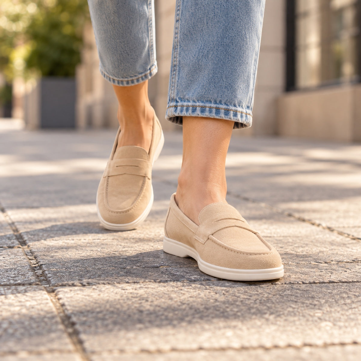 Sinclair – Unisex Slip-On Loafers, worn on a walk