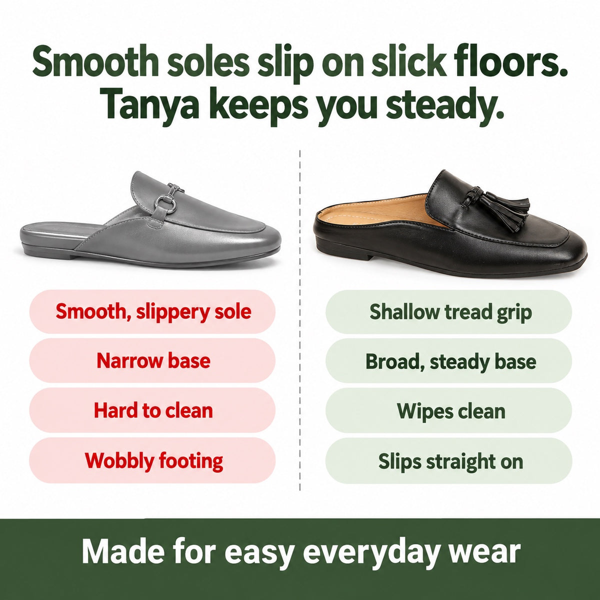 Tanya – Women's Slip-On Loafers, compared with an ordinary shoe