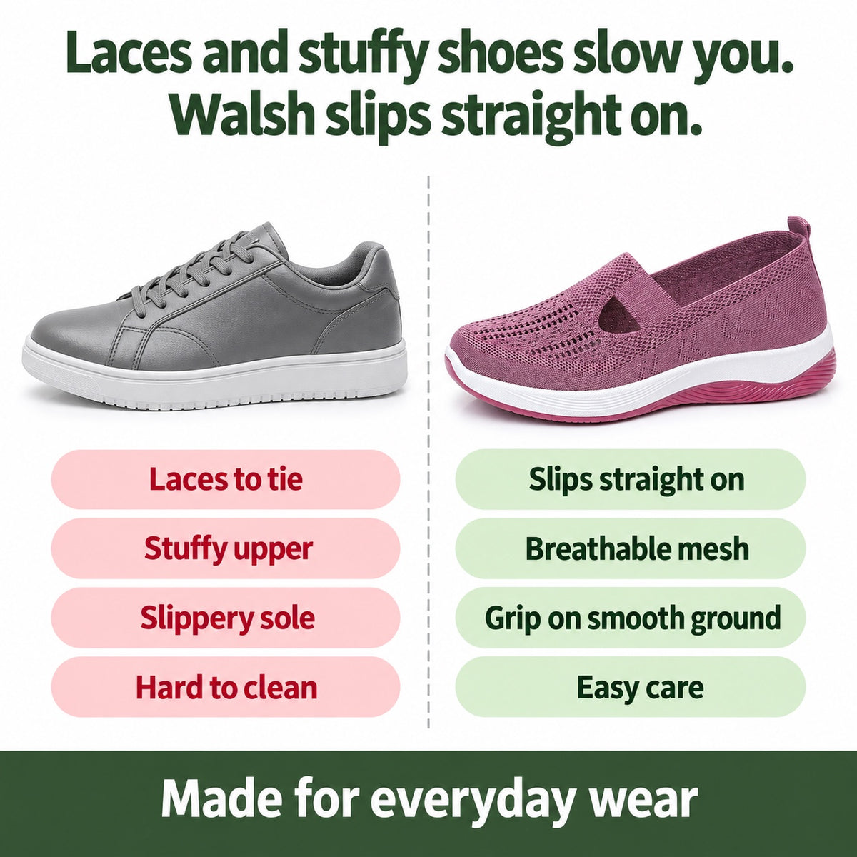 Walsh – Unisex Slip-On Shoes, compared with an ordinary shoe