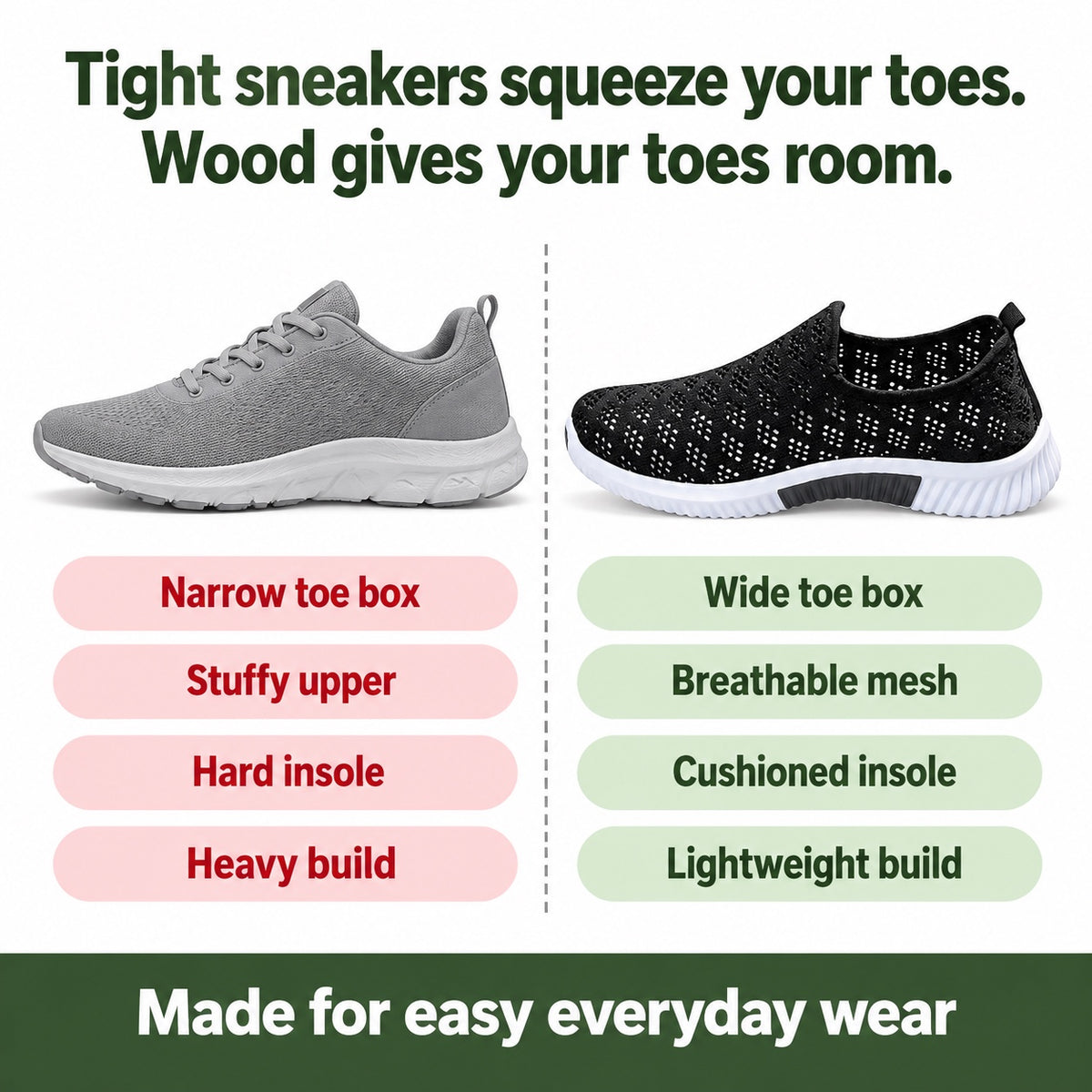 Wood – Unisex Wide Toe Box Sneakers, compared with an ordinary shoe