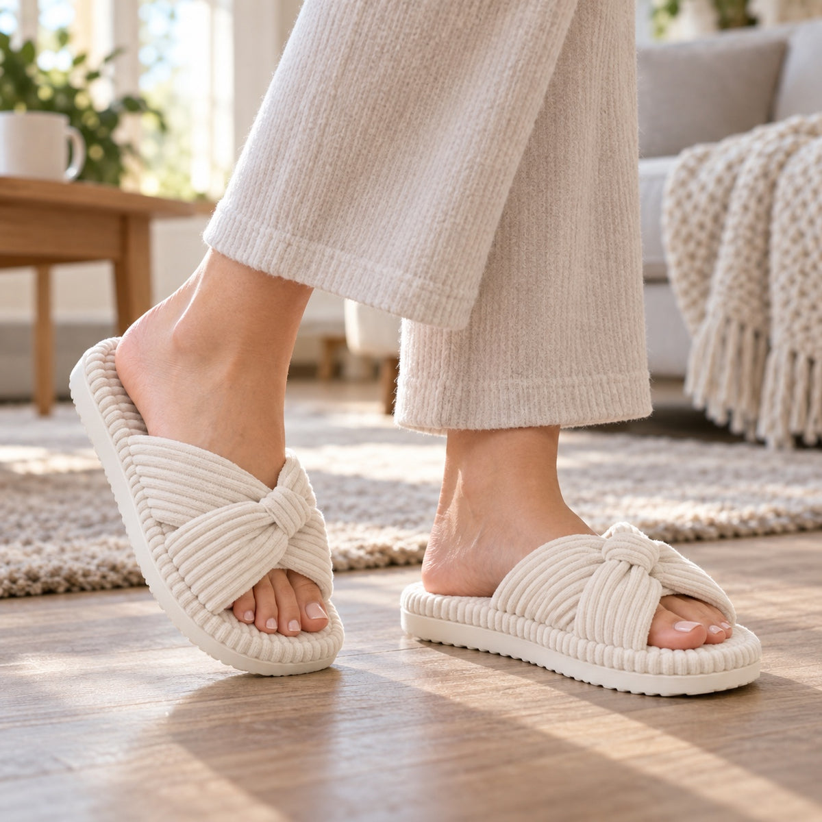 Alberta – Women's Comfort Slippers, worn on a walk