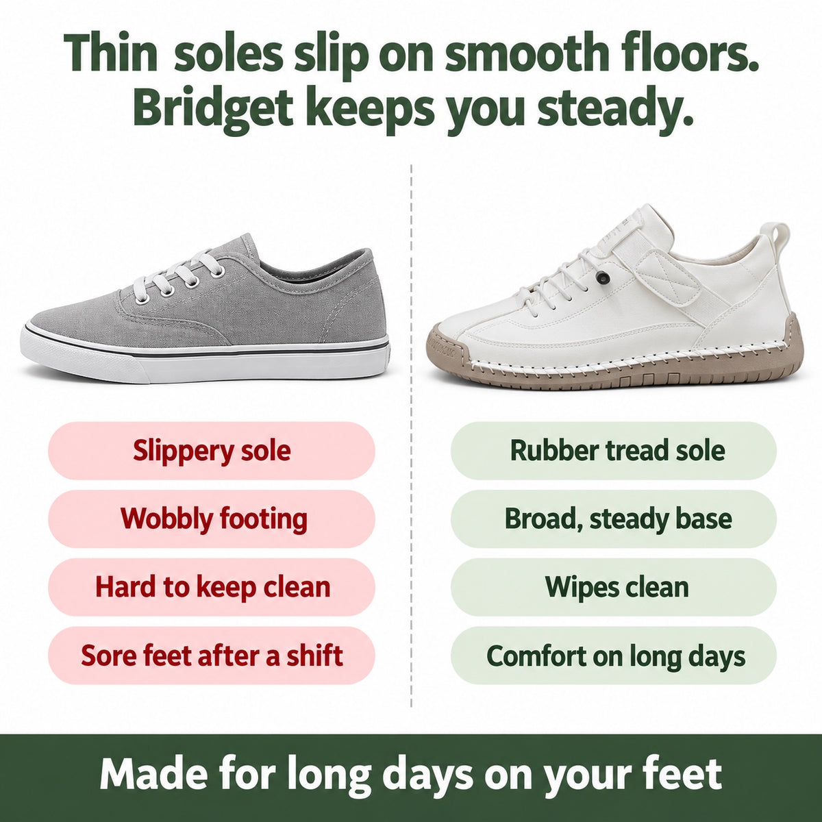 Bridget – Women's Nursing Sneakers, compared with an ordinary shoe