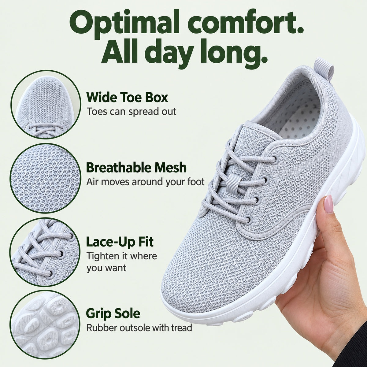 Carla – Women's Wide Toe Box Sneakers features: wide toe box, breathable mesh, lace-up fit, grip sole