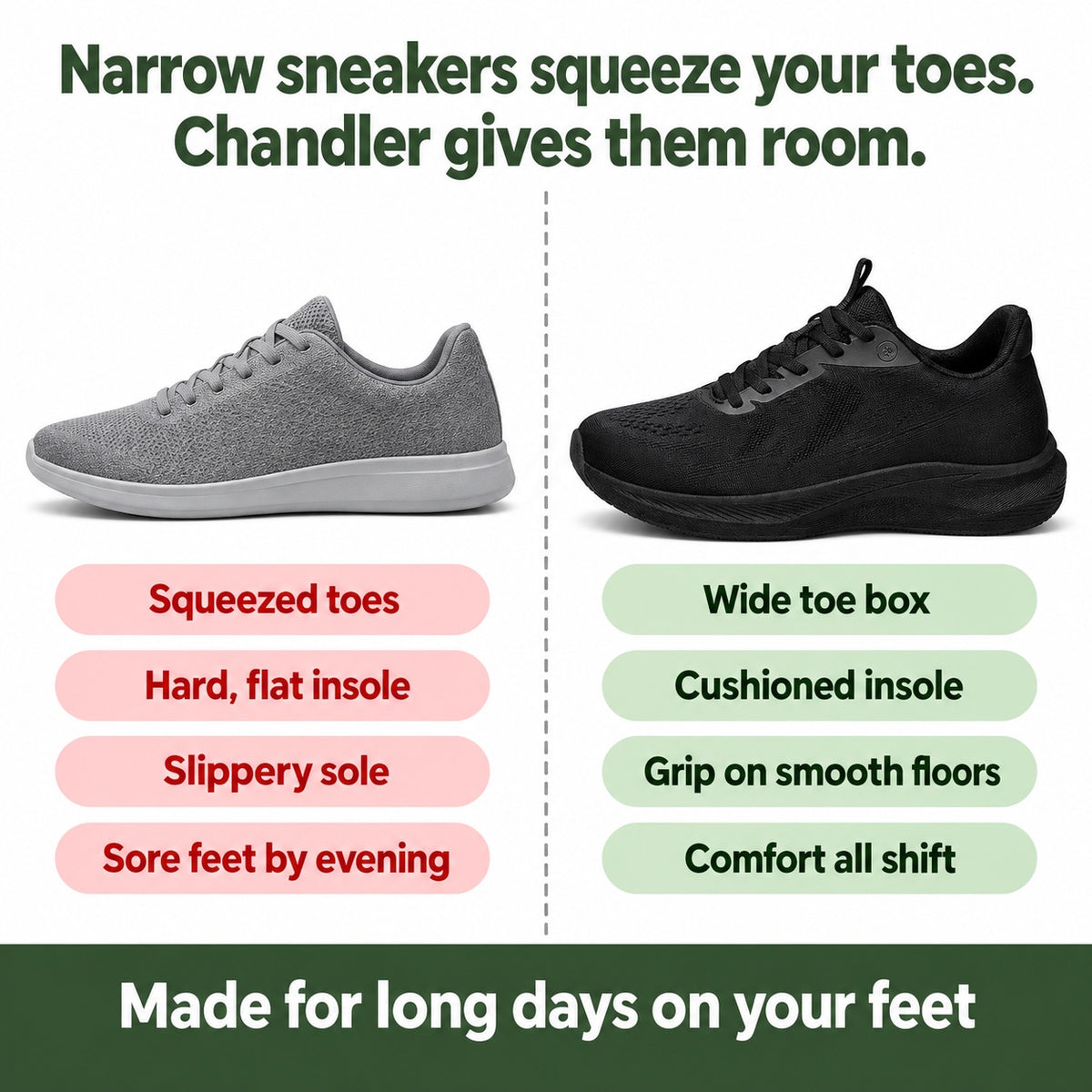 Chandler – Unisex Nursing Shoes, compared with an ordinary shoe