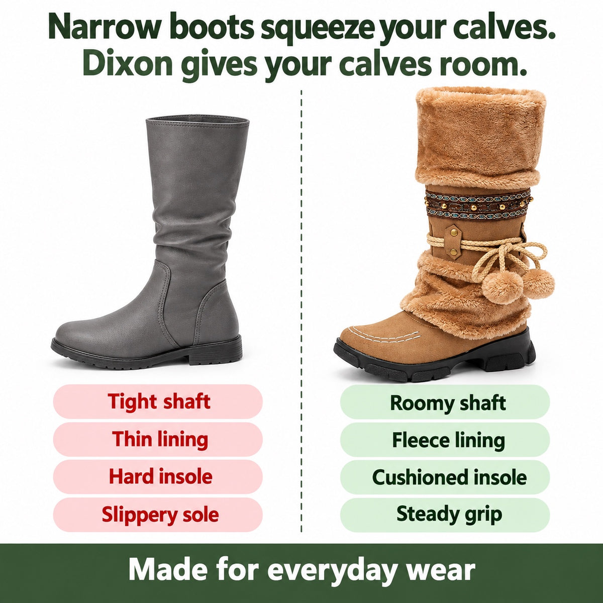 Dixon – Unisex Wide Calf Boots, compared with an ordinary shoe