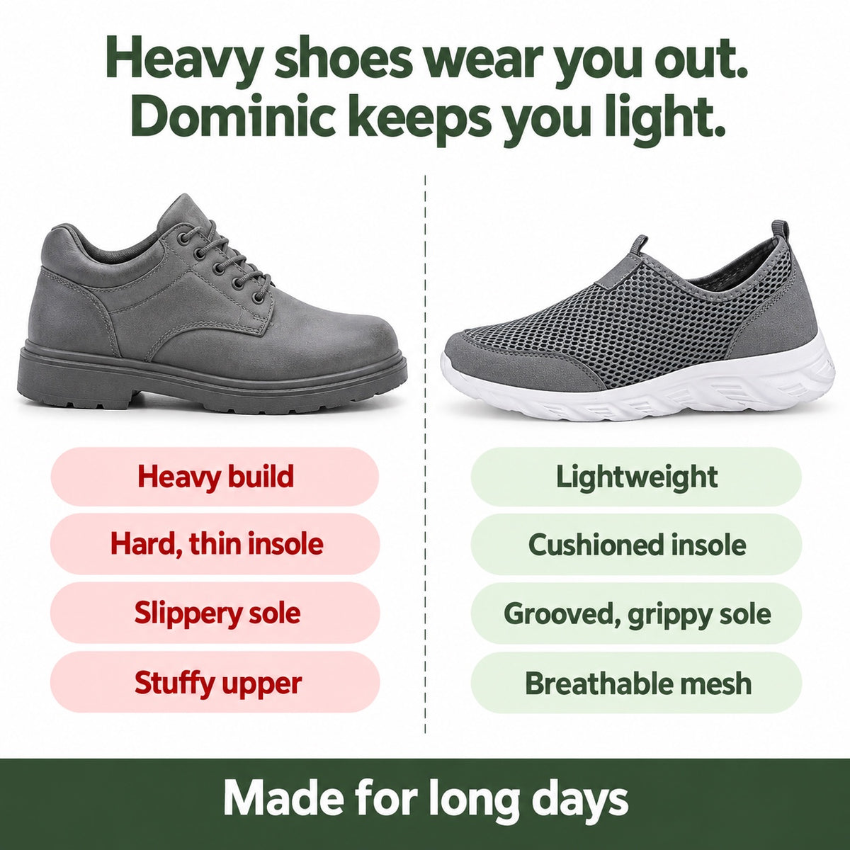 Dominic – Men's Nursing Shoes, compared with an ordinary shoe