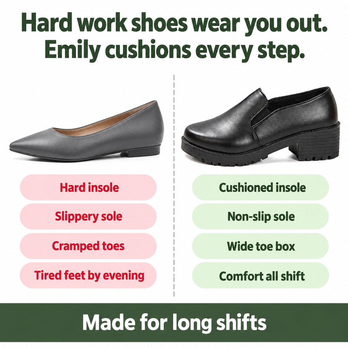 Emily – Women's Nursing Loafers, compared with an ordinary shoe