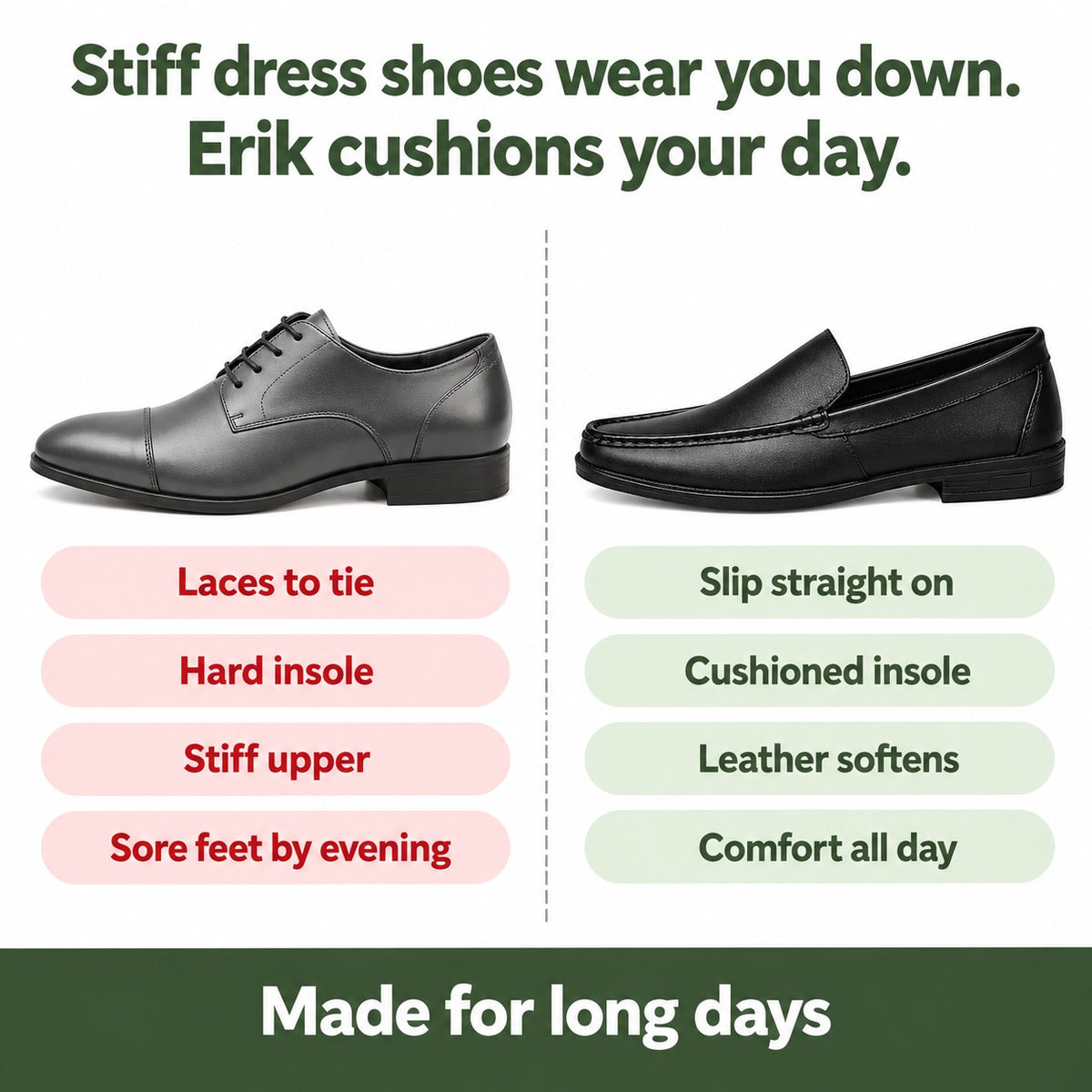 Erik – Men's Slip-On Loafers, compared with an ordinary shoe