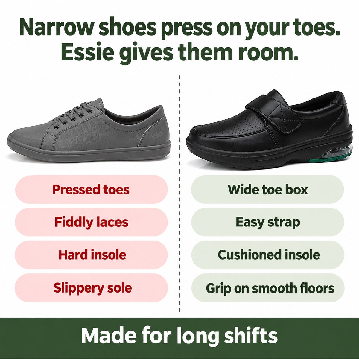 Essie – Women's Nursing Shoes, compared with an ordinary shoe