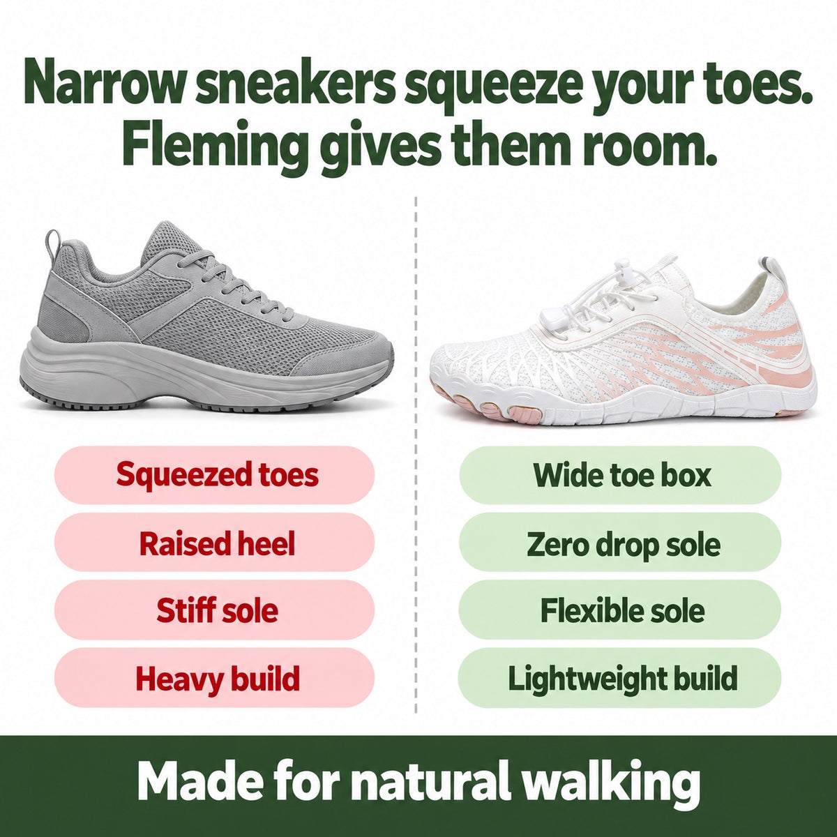 Fleming – Unisex Barefoot Sneakers, compared with an ordinary shoe