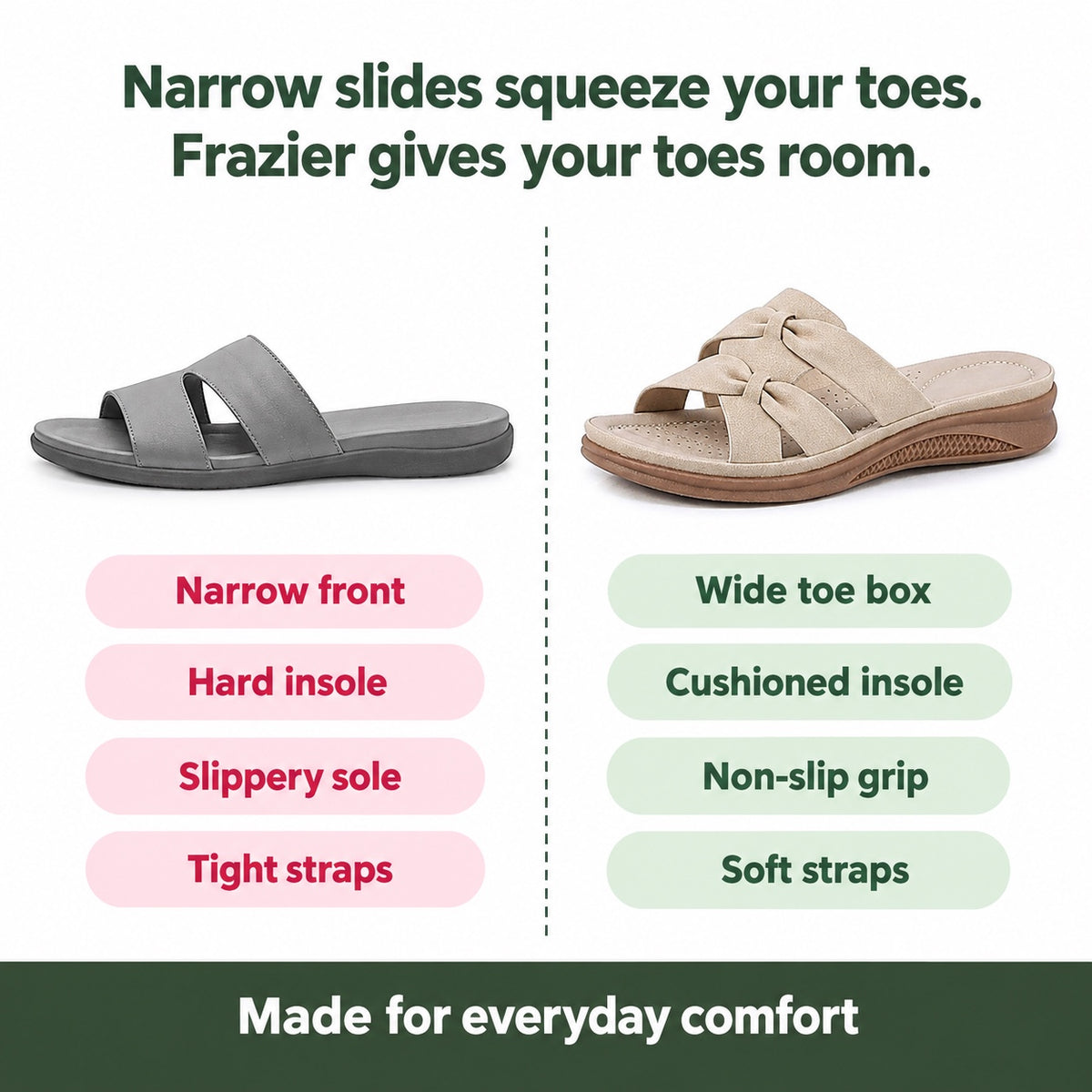 Frazier – Unisex Wide Toe Box Sandals, compared with an ordinary shoe