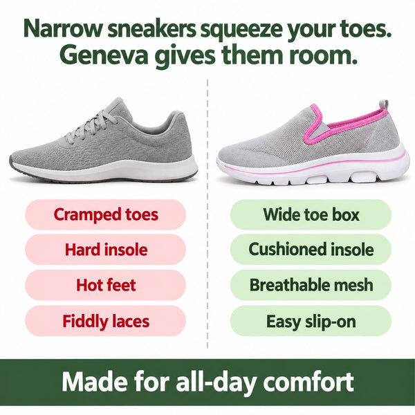 Geneva – Women's Wide Toe Box Sneakers, compared with an ordinary shoe
