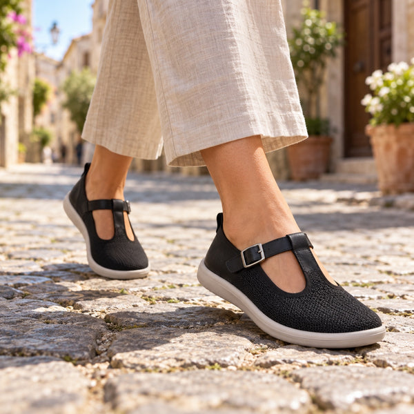 Helen – Women's Wide Toe Box Flats, worn on a walk