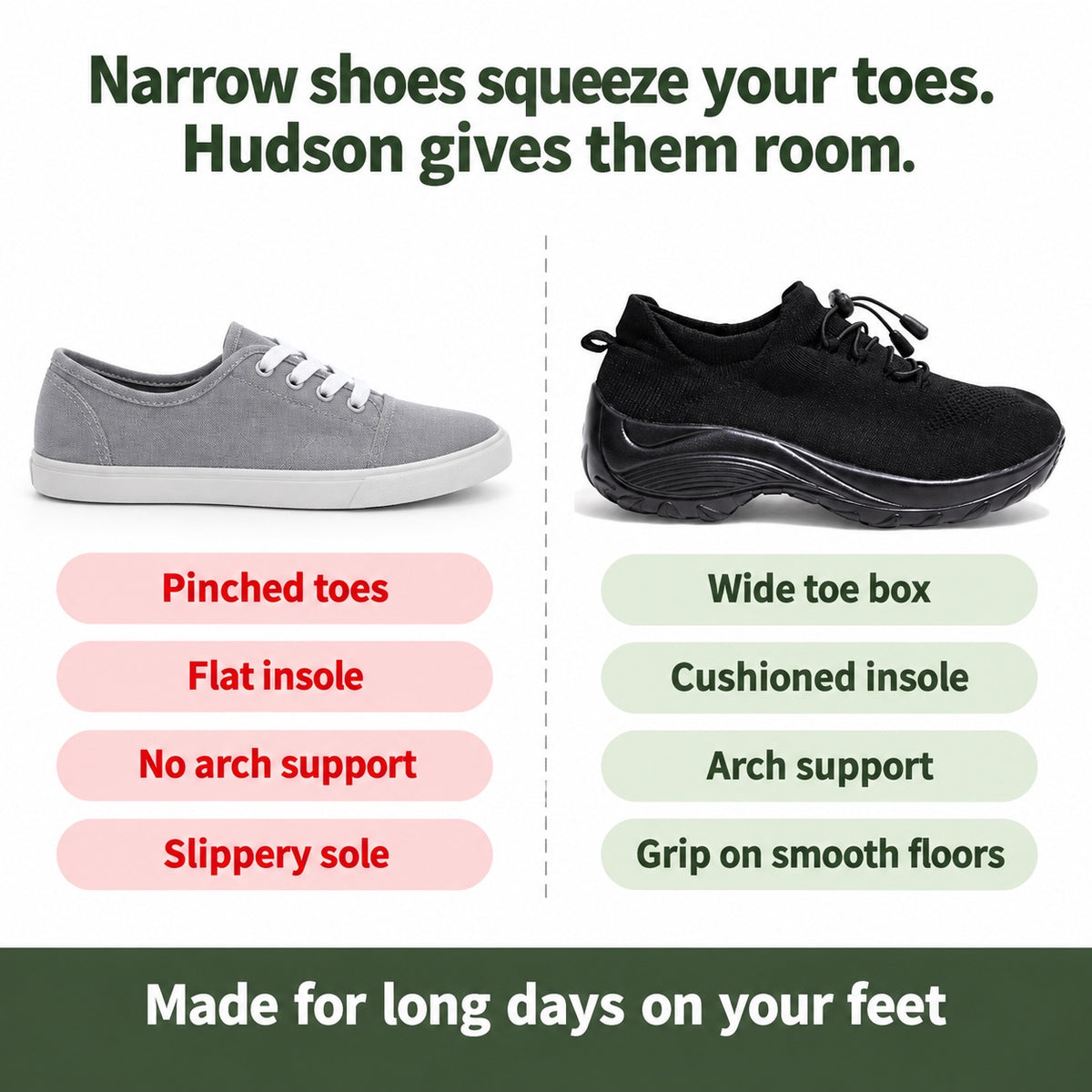 Hudson – Unisex Nursing Shoes, compared with an ordinary shoe
