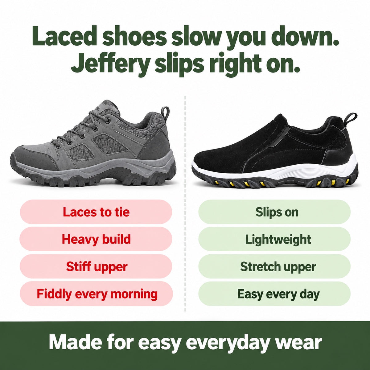 Jeffery – Men's Slip-On Shoes, compared with an ordinary shoe