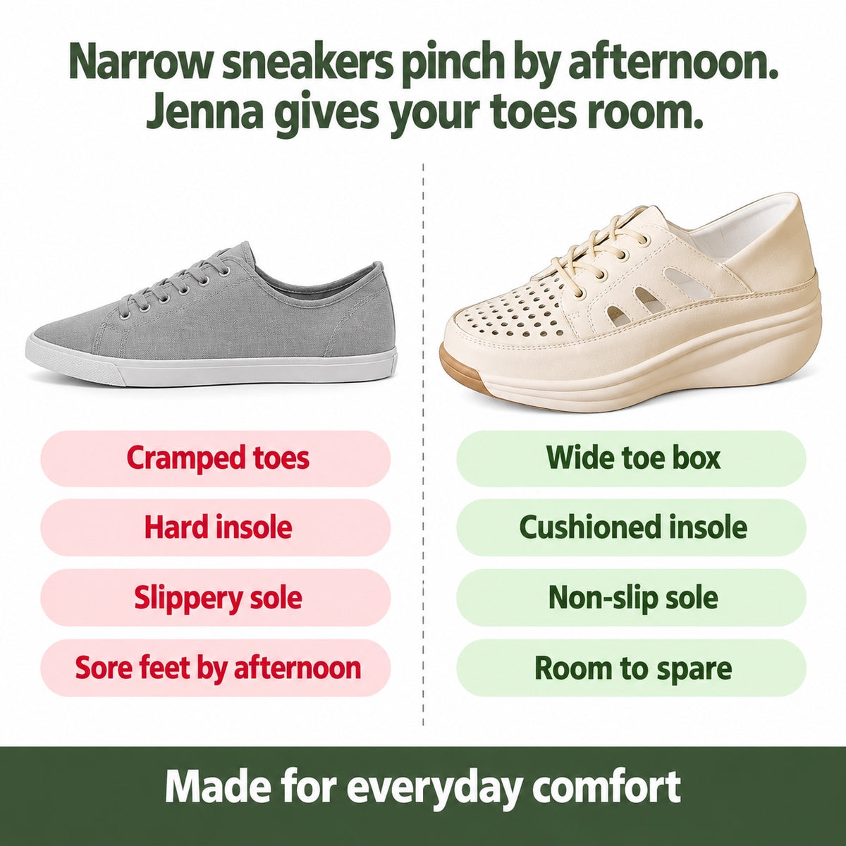 Jenna – Women's Plantar Fasciitis Sneakers, compared with an ordinary shoe